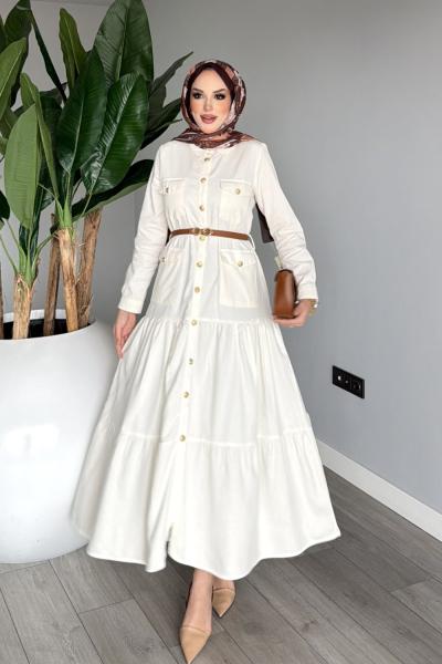 Ekru Premium Kemerli Melise Kot Elbise Tesettür Giyim