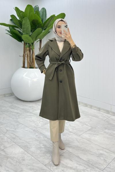 Haki Premıum Defne Kaşe Kaban Tesettür Giyim