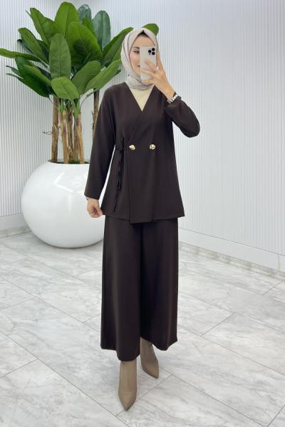 Kahve Güler Pantolonlu Takım Tesettür Giyim