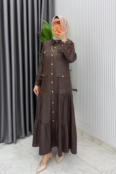 Kahverengi   Kemerli Eslem Kot Elbise Tesettür Giyim