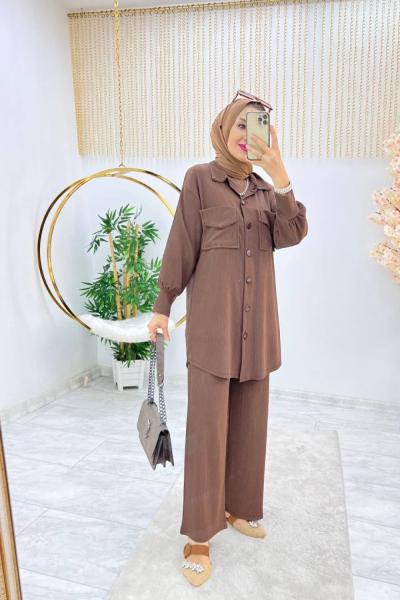 Kahverengi Esra Takım Tesettür Bürümcük Kumaş Büyük Beden Seçeneği