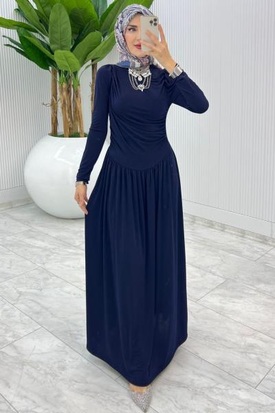 Lacivert Büzgü Sendi Elbise Tesettür Giyim