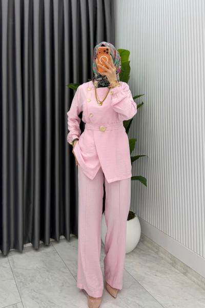 Pembe Premium Kemerli Gözde Takım Tesettür Giyim