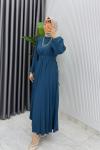 Petrol Hifa Piliseli Elbise Tesettür Giyim