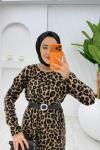 Siyah Leopar Yün Efekt Tiko Elbise Tesettür Giyim