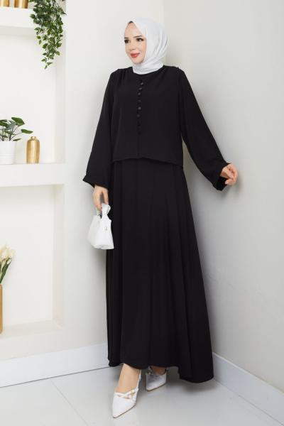 Siyah Modadüğme Elbise Takım Tesettür Giyim