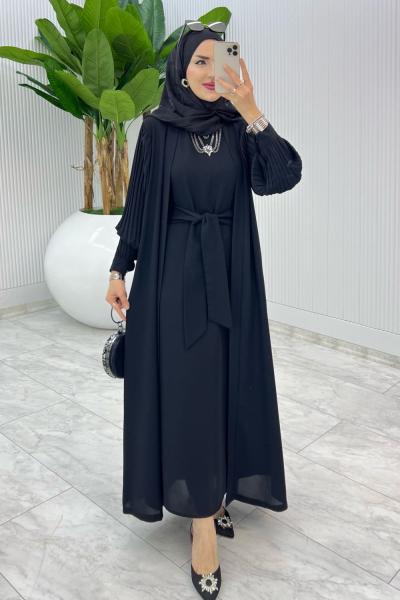 Siyah Premium Melek Abaya Takım Tesettür Giyim