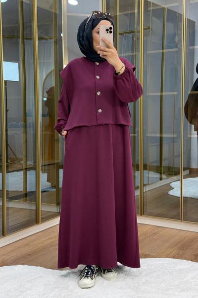 Asimetrik Düğme Detaylı Yelek Elbise Mürdüm