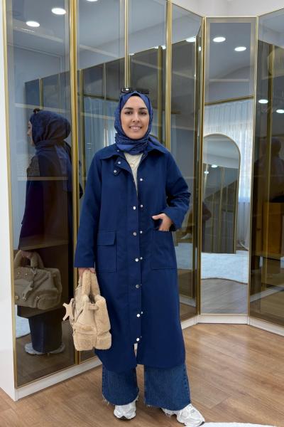 Çıtçıtlı Detaylı Parka Trençkot Lacivert
