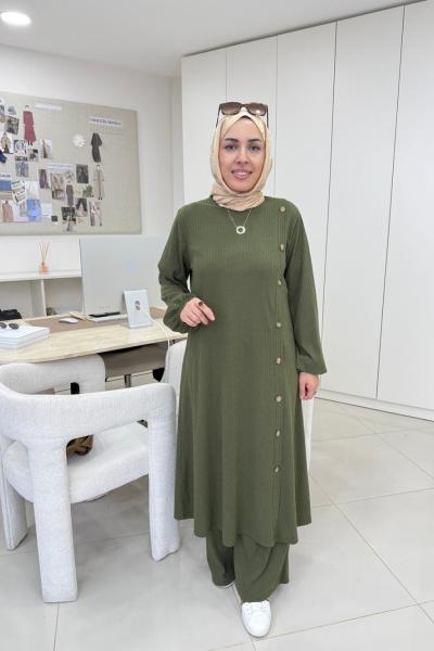 Çubuk Düğme Detaylı Takım Haki