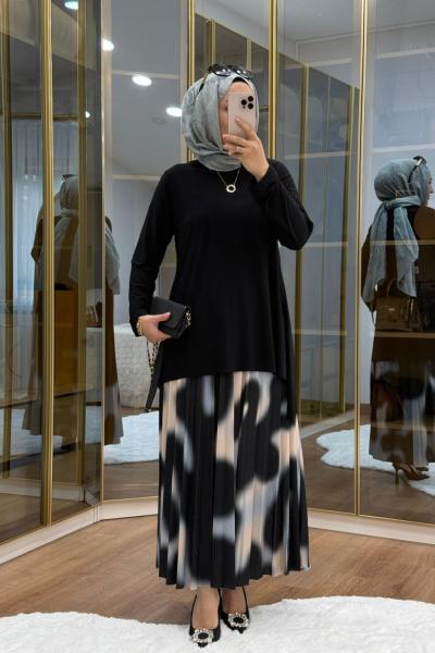 Desenli Tilda Etekli Takım Siyah