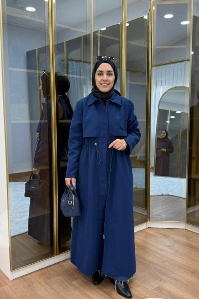 Fermuar Detaylı Maksi Boy Trençkot Lacivert