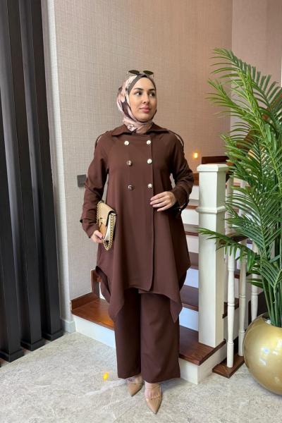 Gold Düğmeli Double Krep Takım Kahverengi