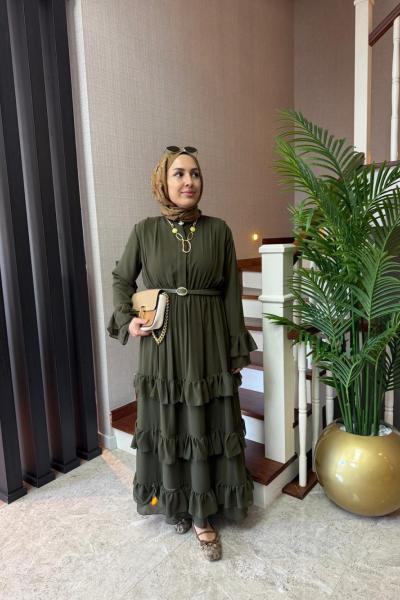 Katlı Şifon Elbise Haki
