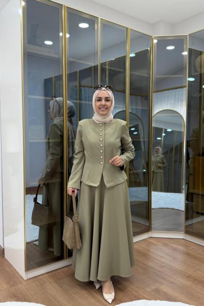 Kulp Detaylı Astarlı Etekli Takım Haki