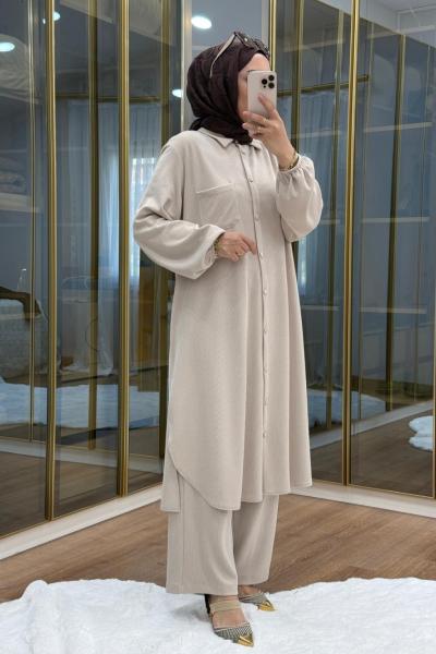 Örme kumaş maksi boy takım Bej