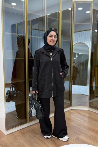 Taşlı Scuba Pantolon Takım Siyah