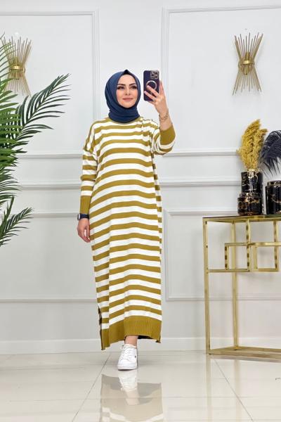 CANSEL ÇİZGİLİ TRİKO TUNİK-YAĞ YEŞİLİ